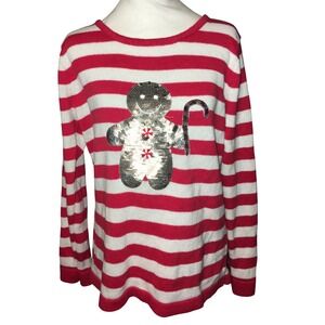 Nouveau Red White Striped Gingerbread Sequin Long Sleeve Sweater Top Women's L